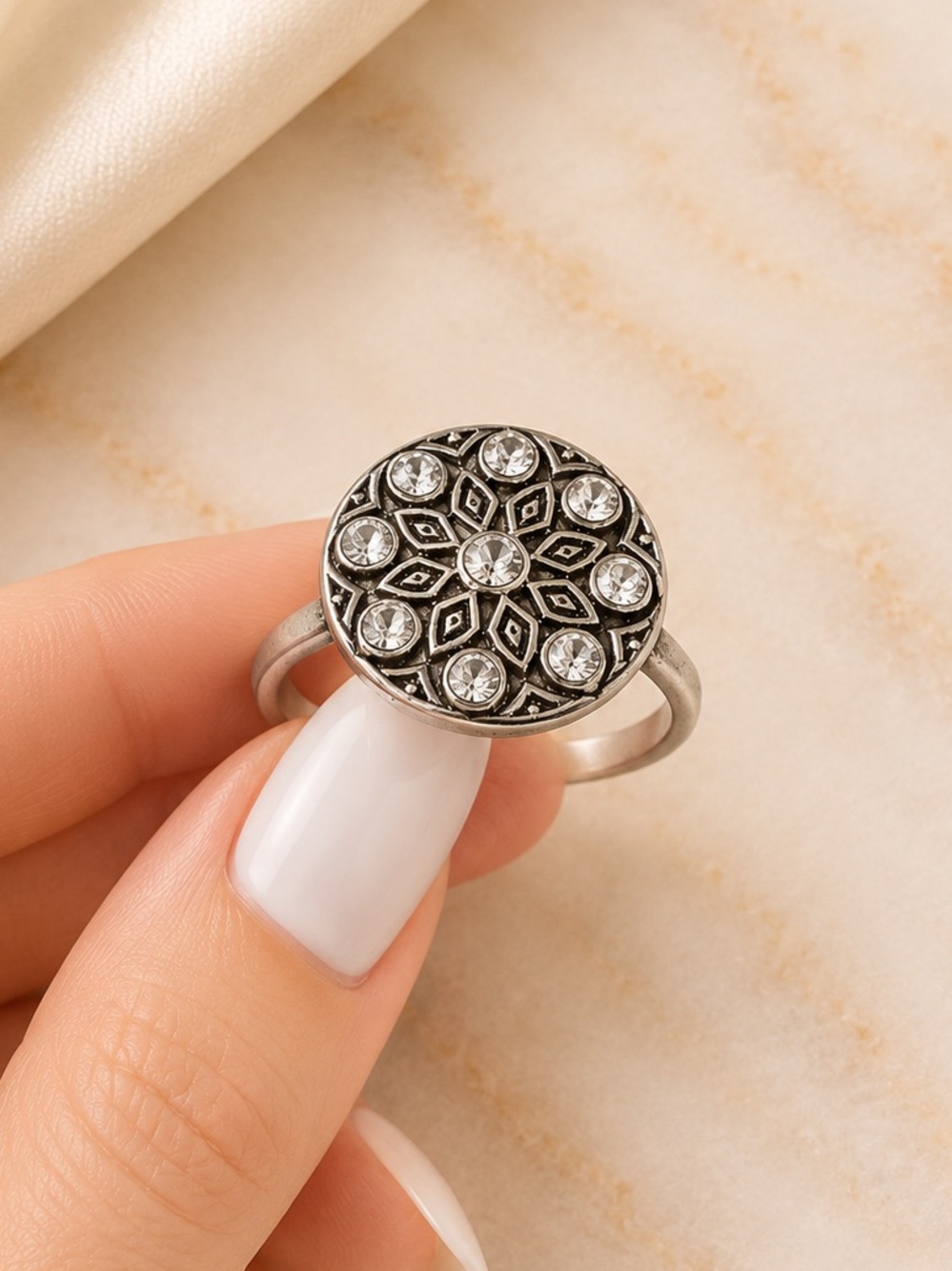 Vintage Art Deco Black Enamel Rhinestone Medallion Silver Tone Ring